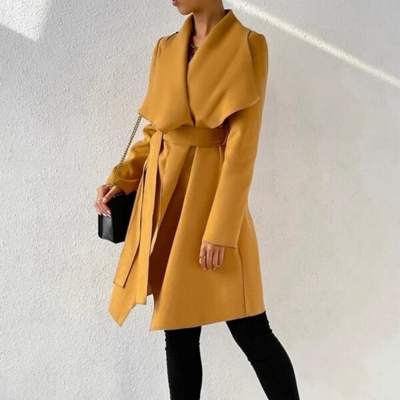 Belted Waterfall Collar Trench Overcoat Coat Jacket - Picture 6 of 6